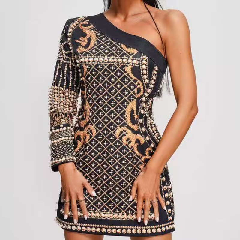 Mùa hè Jacquard đan xơ vai dài tay, váy mỏng đính cườm
