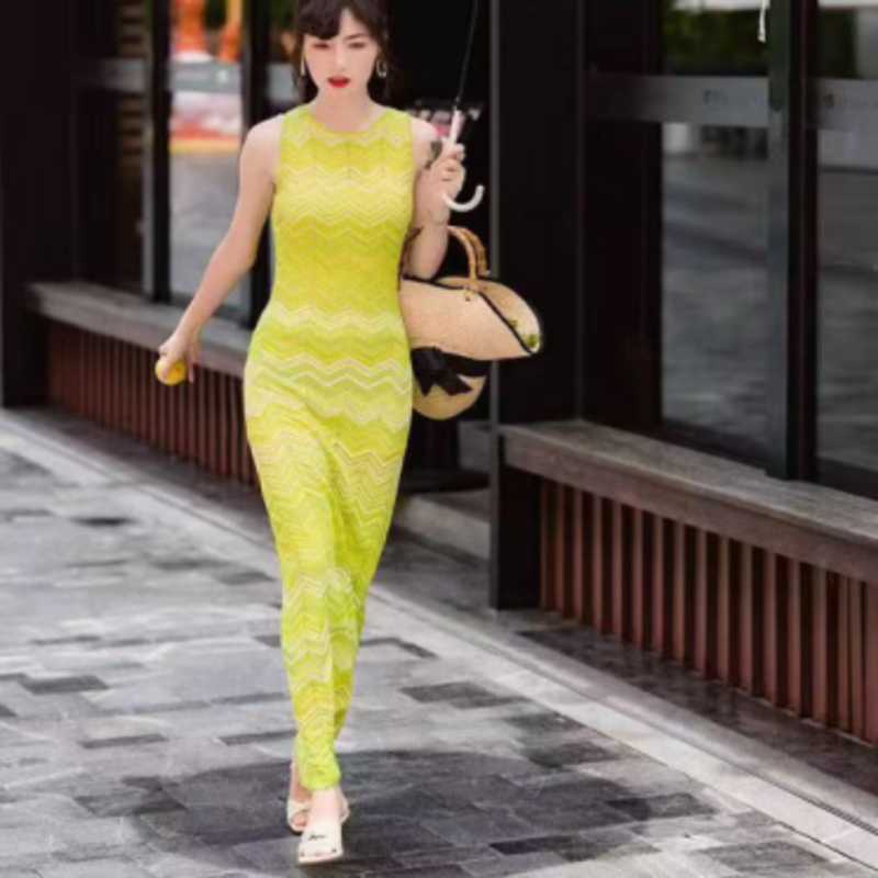 Mùa hè đan cổ tròn tay áo dài tay áo phao, v-Bộ trang phục sọc dài tay dài không tay